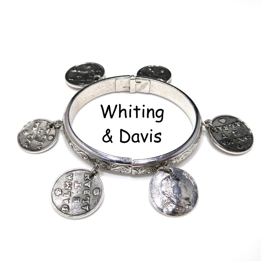 Whiting & Davis Hinged Bracelet, Six Faux Coins, Book Piece, 1980s Vintage